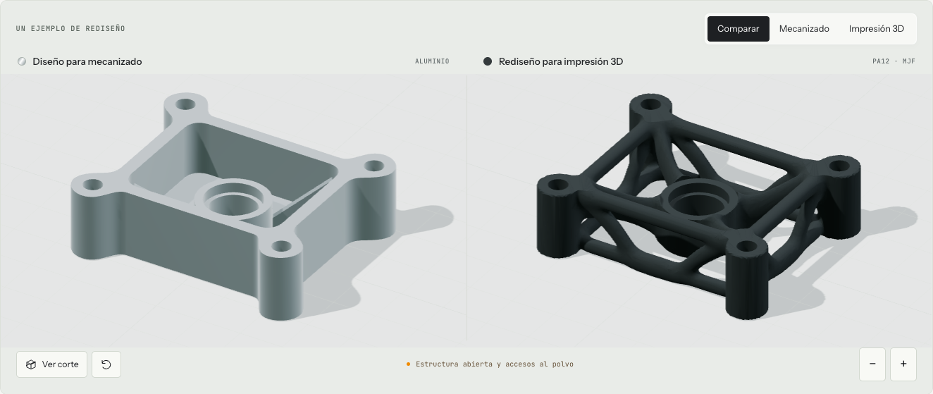 Antes: soporte mecanizado de aluminio con paredes y fondo. Después: rediseño abierto de PA12 con nervios curvos y grandes huecos.