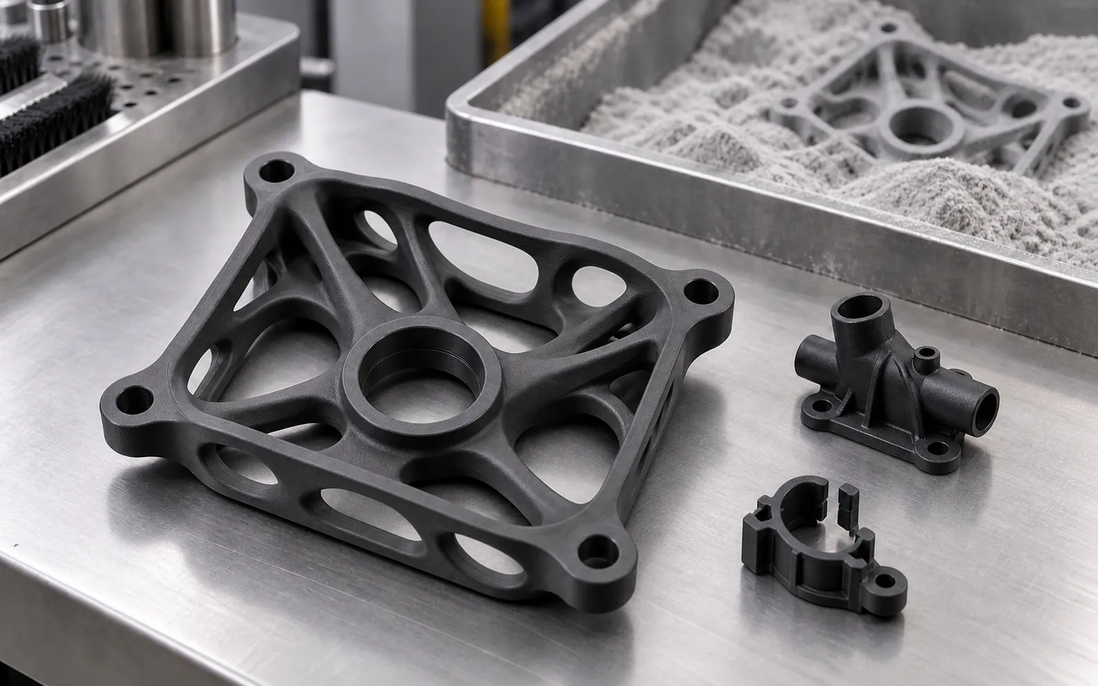 Soporte orgánico de PA12 negro impreso por Multi Jet Fusion sobre una mesa de acero; al fondo, otra pieza igual aún en el lecho de polvo de la cuba.
